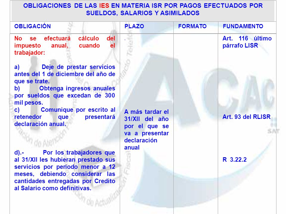 OBLIGACIONES DE LAS IES EN MATERIA ISR POR PAGOS EFECTUADOS POR SUELDOS, SALARIOS Y ASIMILADOS