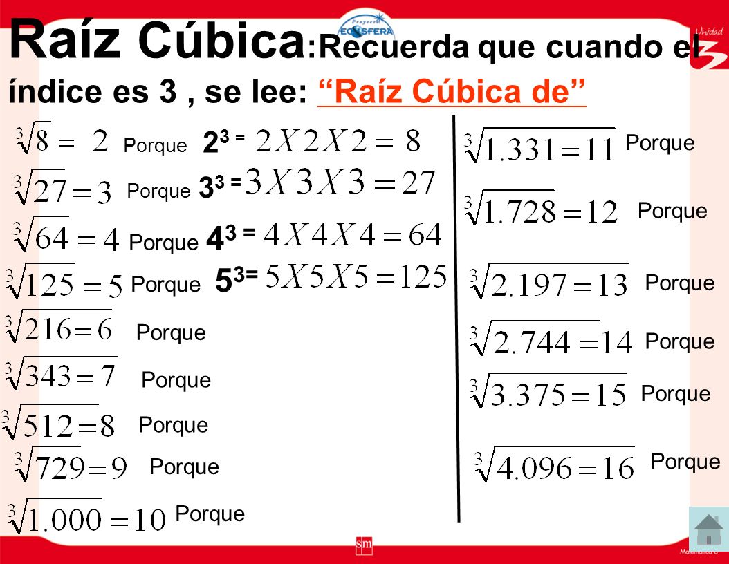 Raíz Cúbica:Recuerda que cuando el índice es 3 , se lee: Raíz Cúbica de