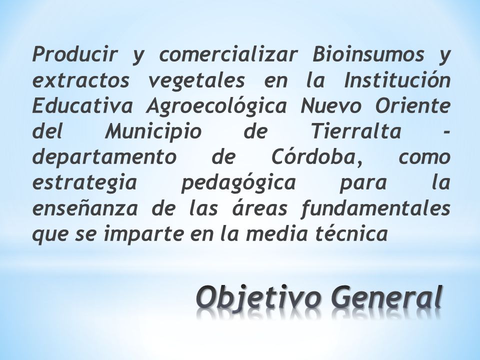 Producir y comercializar Bioinsumos y extractos vegetales en la Institución Educativa Agroecológica Nuevo Oriente del Municipio de Tierralta - departamento de Córdoba, como estrategia pedagógica para la enseñanza de las áreas fundamentales que se imparte en la media técnica