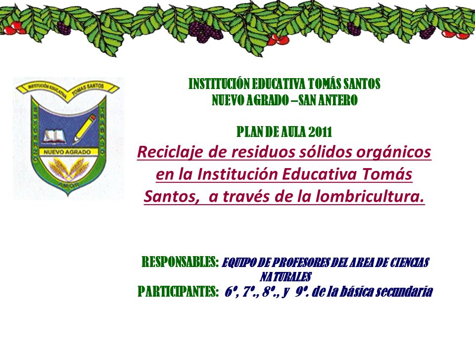 INSTITUCIÓN EDUCATIVA TOMÁS SANTOS NUEVO AGRADO –SAN ANTERO PLAN DE AULA 2011 Reciclaje de residuos sólidos orgánicos en la Institución Educativa Tomás Santos, a través de la lombricultura.