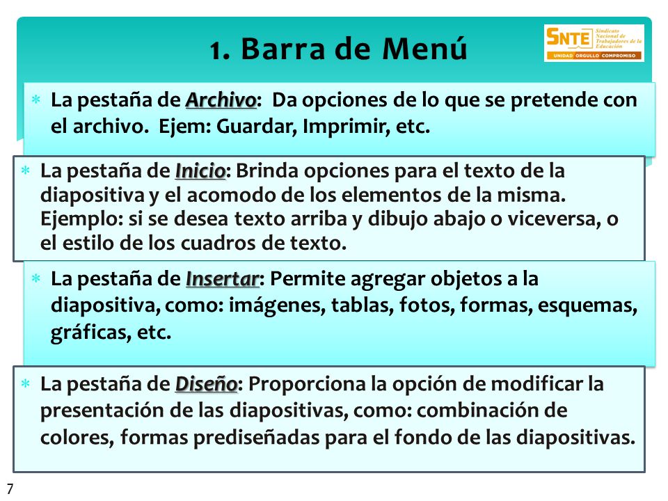 1. Barra de Menú La pestaña de Archivo: Da opciones de lo que se pretende con el archivo. Ejem: Guardar, Imprimir, etc.