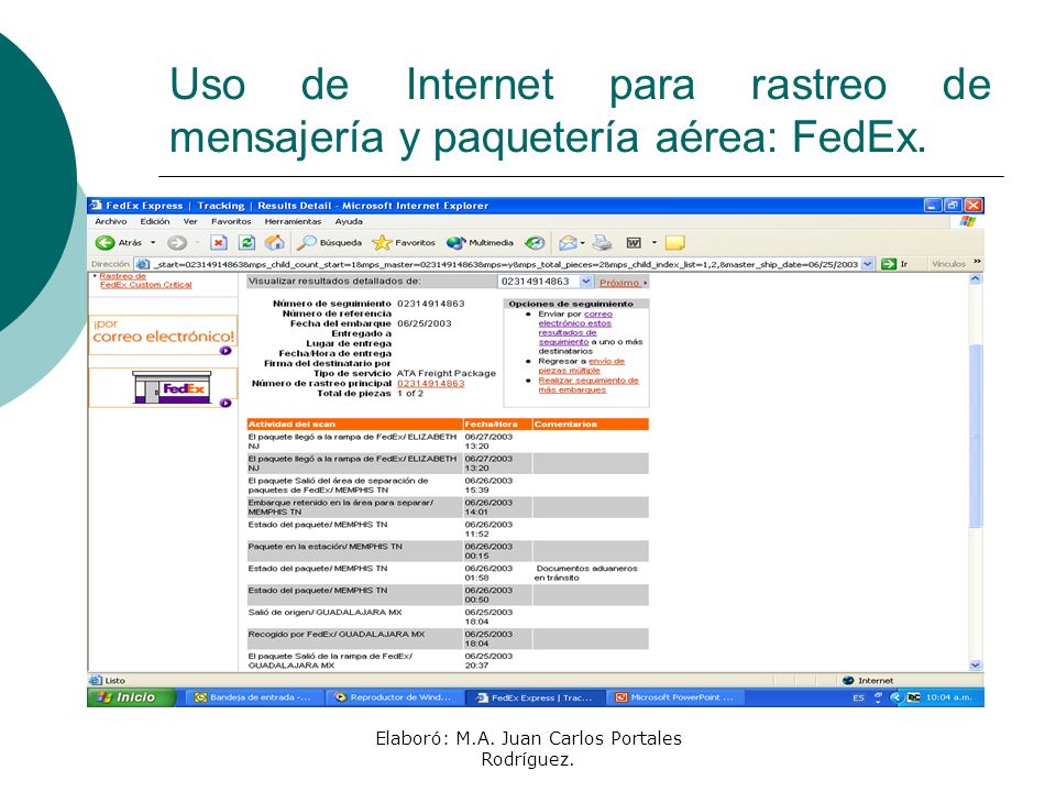 Uso de Internet para rastreo de mensajería y paquetería aérea: FedEx.