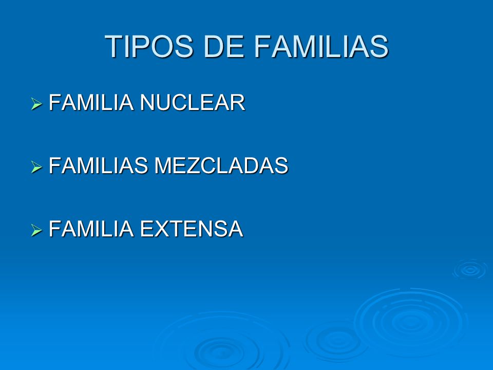 TIPOS DE FAMILIAS FAMILIA NUCLEAR FAMILIAS MEZCLADAS FAMILIA EXTENSA