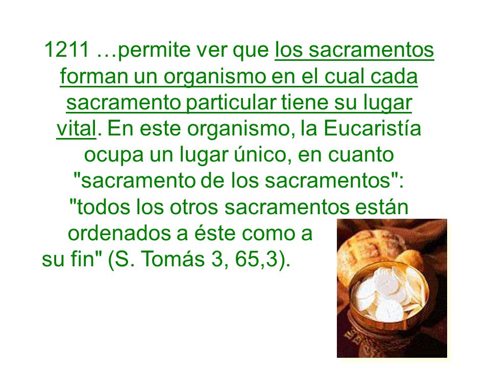 1211 …permite ver que los sacramentos forman un organismo en el cual cada sacramento particular tiene su lugar vital. En este organismo, la Eucaristía ocupa un lugar único, en cuanto sacramento de los sacramentos : todos los otros sacramentos están ordenados a éste como a