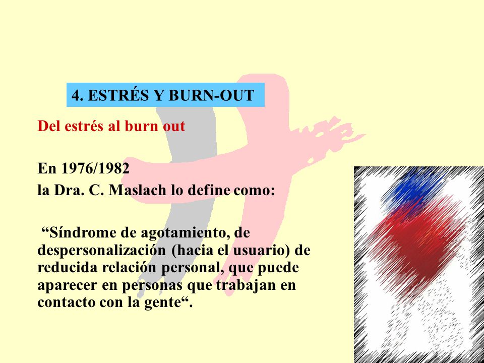 4. ESTRÉS Y BURN-OUT Del estrés al burn out. En 1976/1982. la Dra. C. Maslach lo define como: