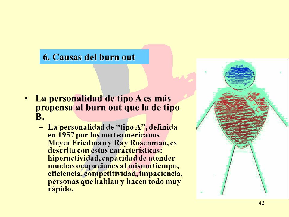 6. Causas del burn out La personalidad de tipo A es más propensa al burn out que la de tipo B.