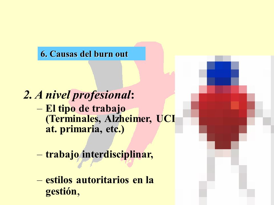 6. Causas del burn out 2. A nivel profesional: El tipo de trabajo (Terminales, Alzheimer, UCI, at. primaria, etc.)