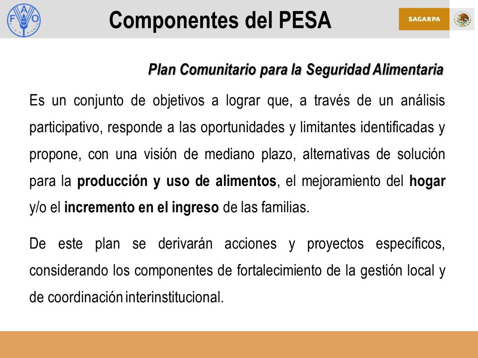 Componentes del PESA Plan Comunitario para la Seguridad Alimentaria