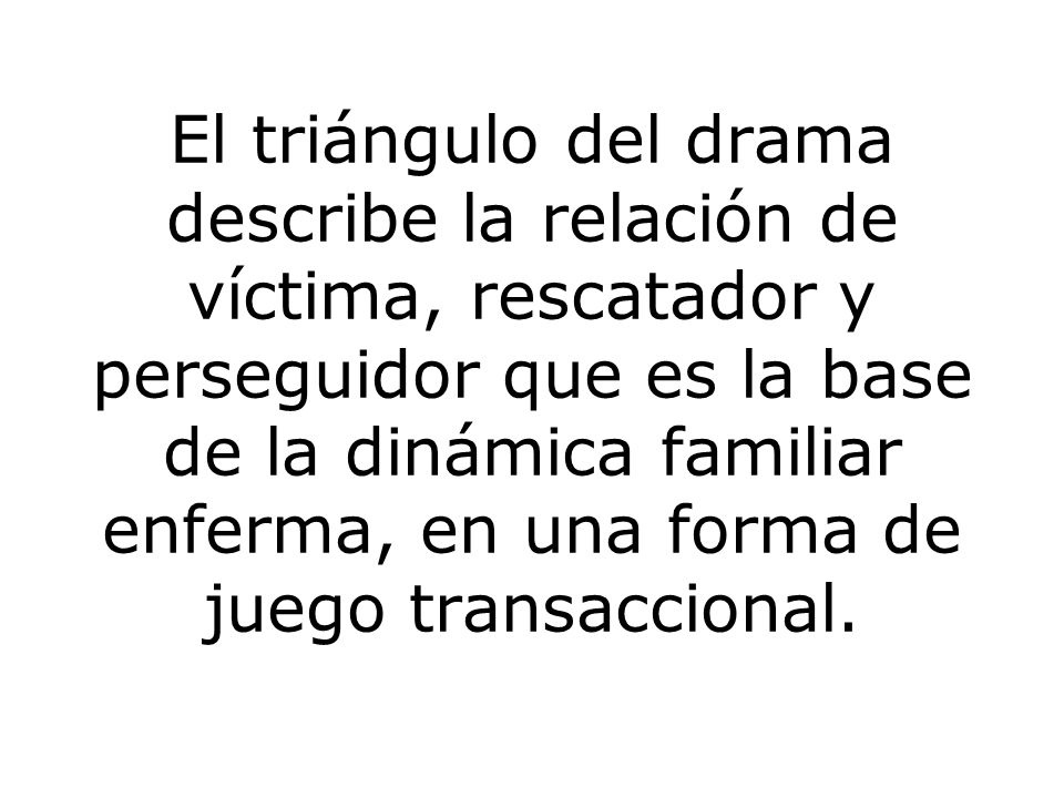 El triángulo del drama describe la relación de víctima, rescatador y perseguidor que es la base de la dinámica familiar enferma, en una forma de juego transaccional.