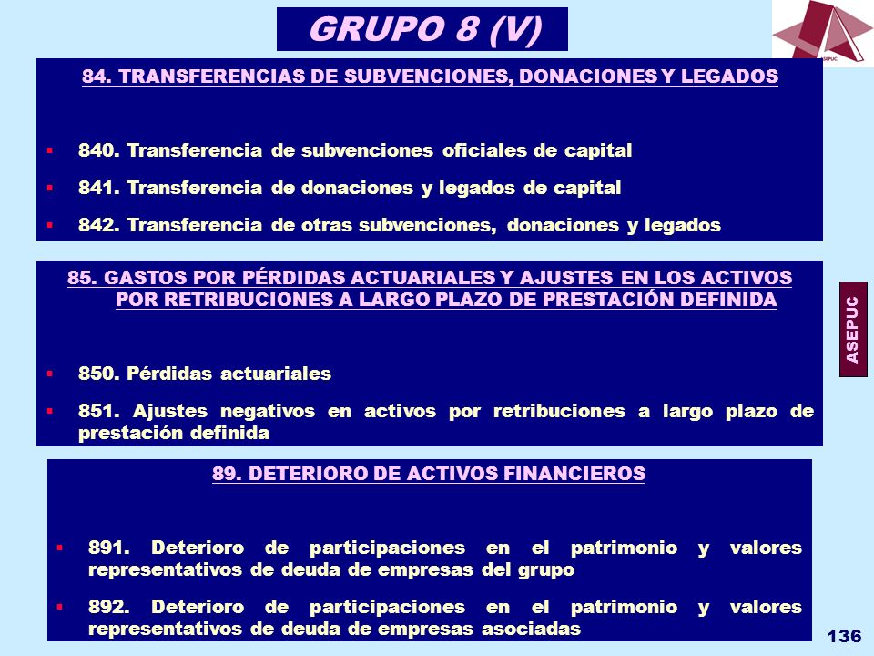 GRUPO 8 (V) 84. TRANSFERENCIAS DE SUBVENCIONES, DONACIONES Y LEGADOS