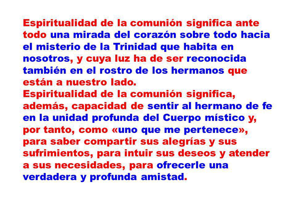 Espiritualidad de la comunión significa ante todo una mirada del corazón sobre todo hacia el misterio de la Trinidad que habita en nosotros, y cuya luz ha de ser reconocida también en el rostro de los hermanos que están a nuestro lado.