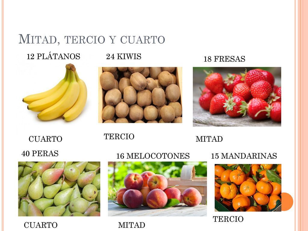 Mitad, tercio y cuarto 12 PLÁTANOS 24 KIWIS 18 FRESAS TERCIO CUARTO