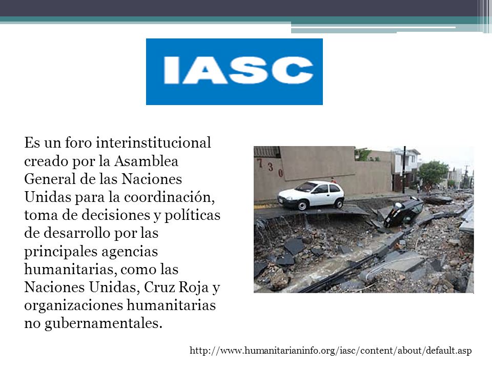 Es un foro interinstitucional creado por la Asamblea General de las Naciones Unidas para la coordinación, toma de decisiones y políticas de desarrollo por las principales agencias humanitarias, como las Naciones Unidas, Cruz Roja y organizaciones humanitarias no gubernamentales.
