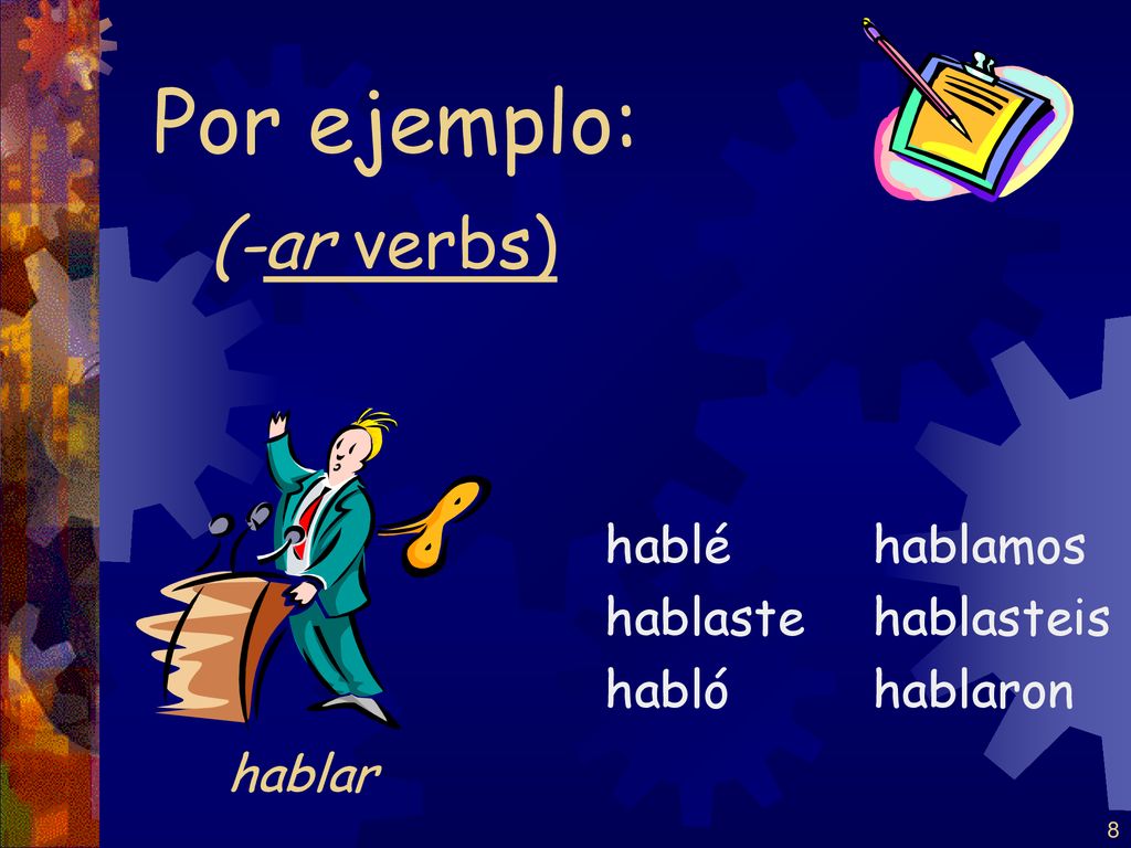 Por ejemplo: (-ar verbs) hablar hablé hablaste habló hablamos