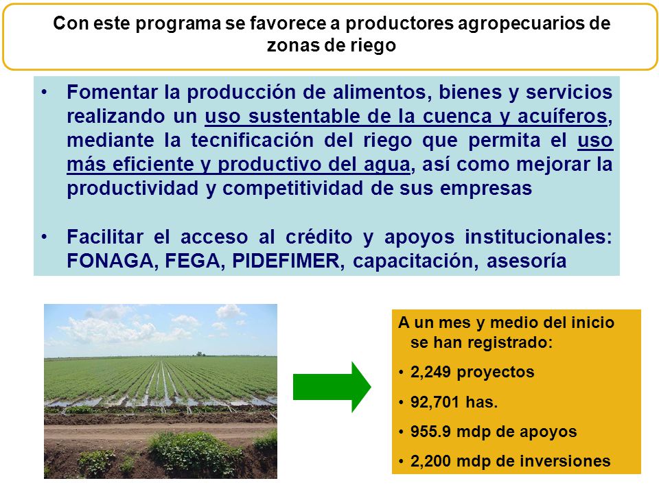 Con este programa se favorece a productores agropecuarios de zonas de riego
