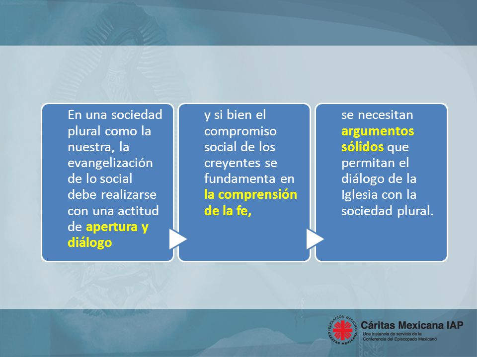En una sociedad plural como la nuestra, la evangelización de lo social debe realizarse con una actitud de apertura y diálogo