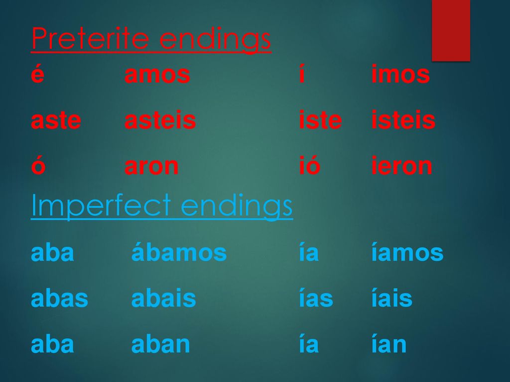 Preterite endings Imperfect endings é amos aste asteis ó aron í imos