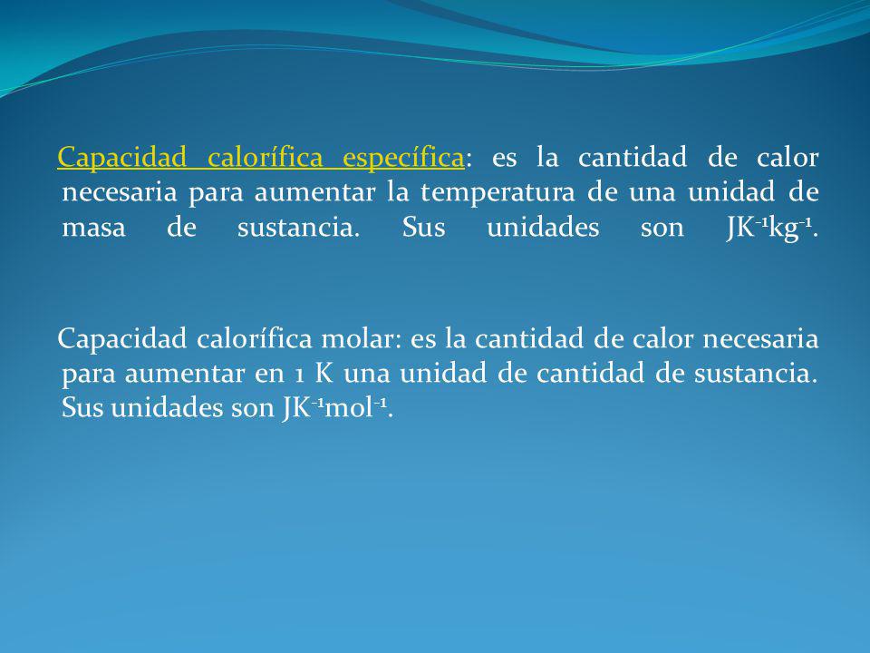 Capacidad calorífica específica: es la cantidad de calor necesaria para aumentar la temperatura de una unidad de masa de sustancia. Sus unidades son JK-1kg-1.