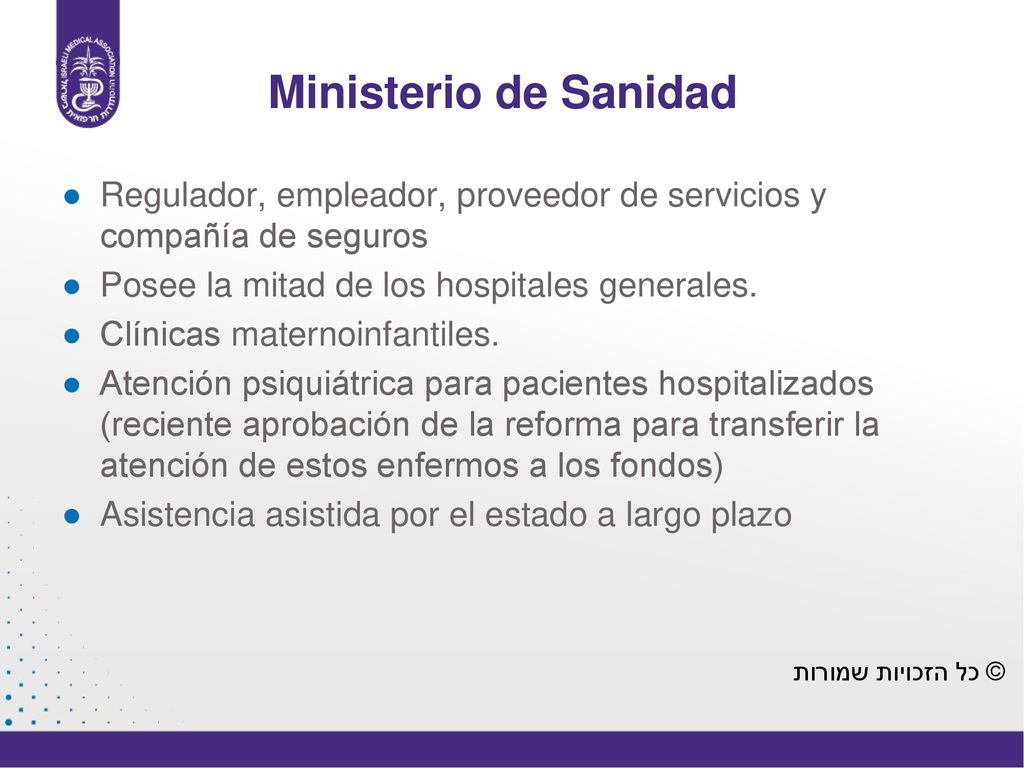 Ministerio de Sanidad Regulador, empleador, proveedor de servicios y compañía de seguros. Posee la mitad de los hospitales generales.