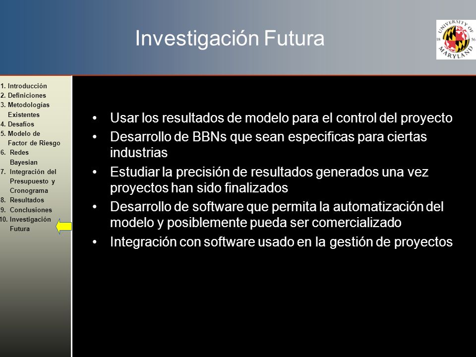 Investigación Futura Usar los resultados de modelo para el control del proyecto. Desarrollo de BBNs que sean especificas para ciertas industrias.