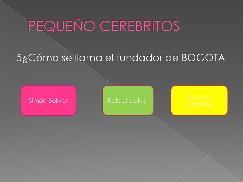 PEQUEÑO CEREBRITOS 5¿Cómo se llama el fundador de BOGOTA Simón Bolívar