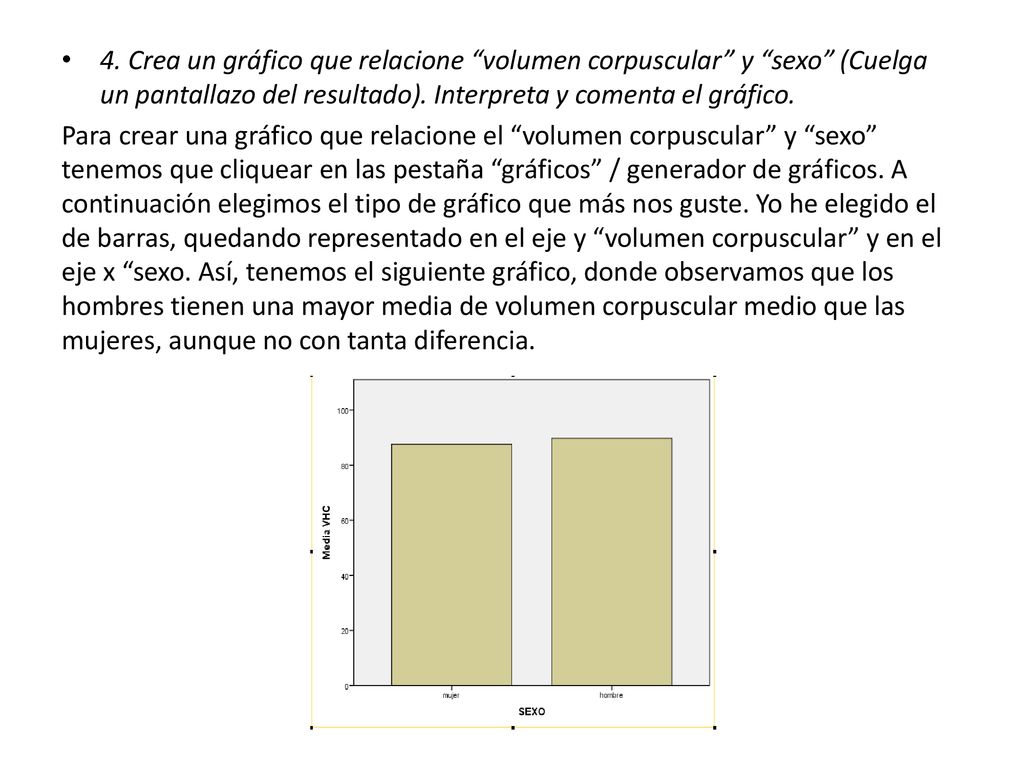 4. Crea un gráfico que relacione volumen corpuscular y sexo (Cuelga un pantallazo del resultado). Interpreta y comenta el gráfico.