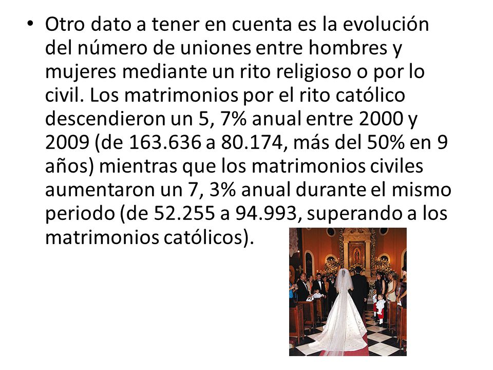 Otro dato a tener en cuenta es la evolución del número de uniones entre hombres y mujeres mediante un rito religioso o por lo civil.