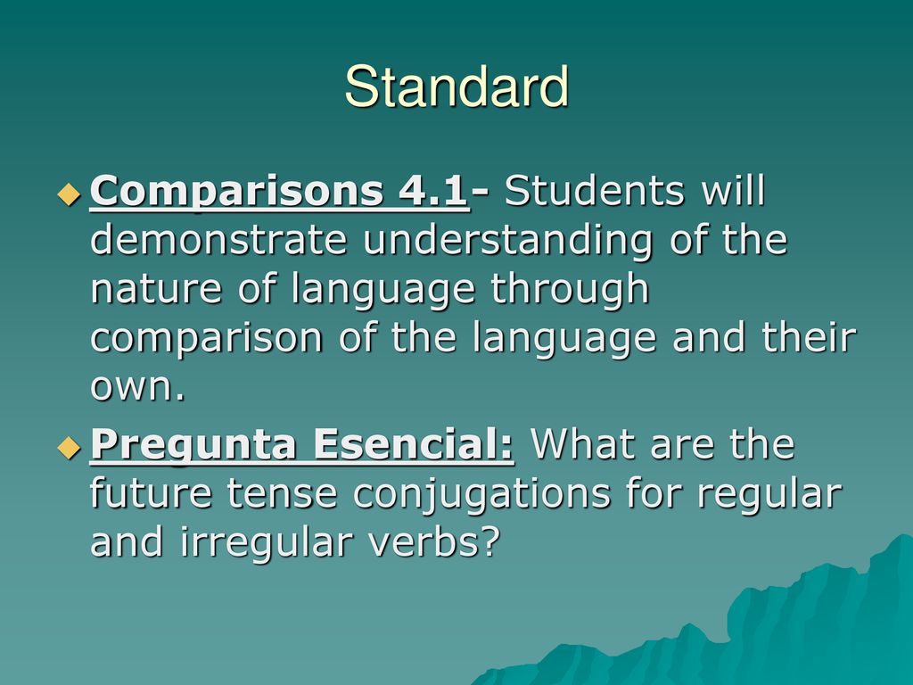 Standard Comparisons 4.1- Students will demonstrate understanding of the nature of language through comparison of the language and their own.