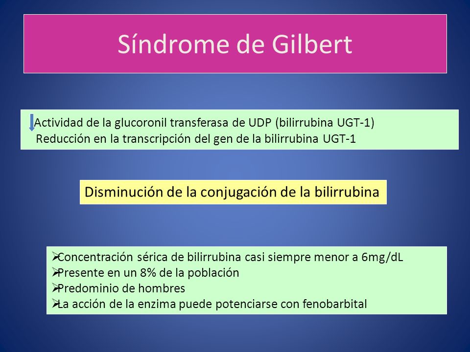 Síndrome de Gilbert Disminución de la conjugación de la bilirrubina