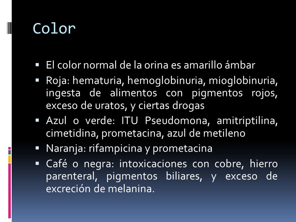 Color El color normal de la orina es amarillo ámbar