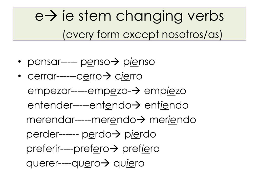 e ie stem changing verbs (every form except nosotros/as)