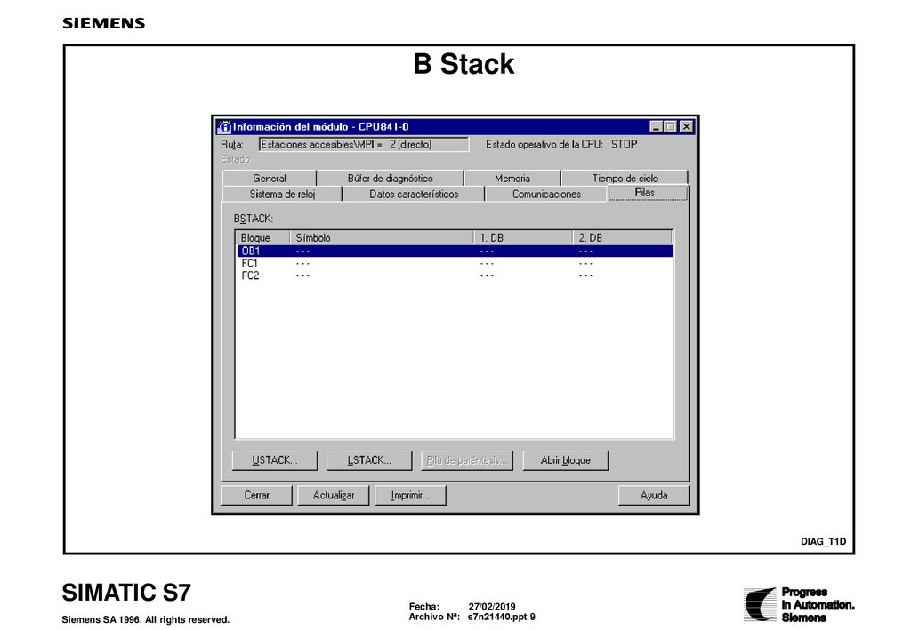 B Stack Descripción de la Se visualiza el camino activo para la localización de la interrupción en la pantalla de.