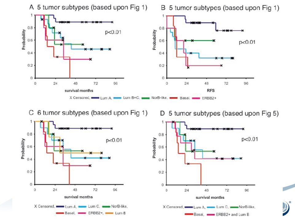 Overall and relapse-free survival analysis of the 49 breast cancer patients, uniformly treated in a prospective study, based on different gene expression
