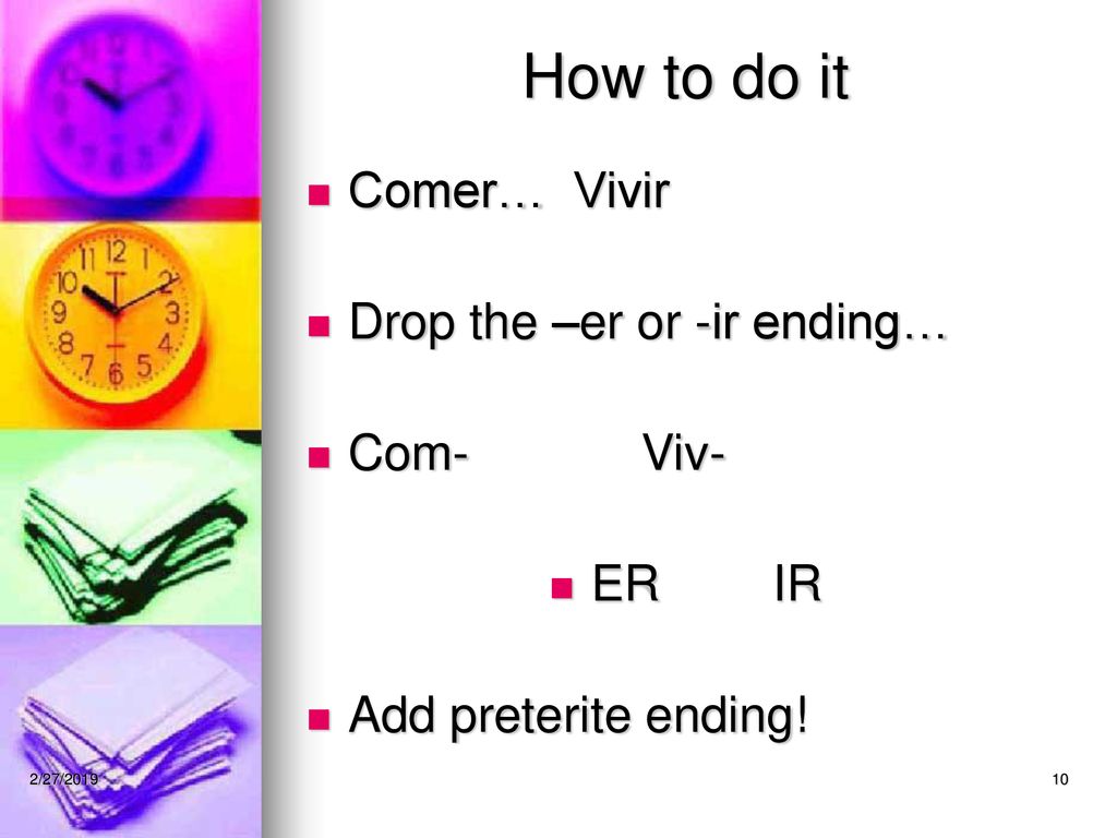 How to do it Comer… Vivir Drop the –er or -ir ending… Com- Viv- ER IR