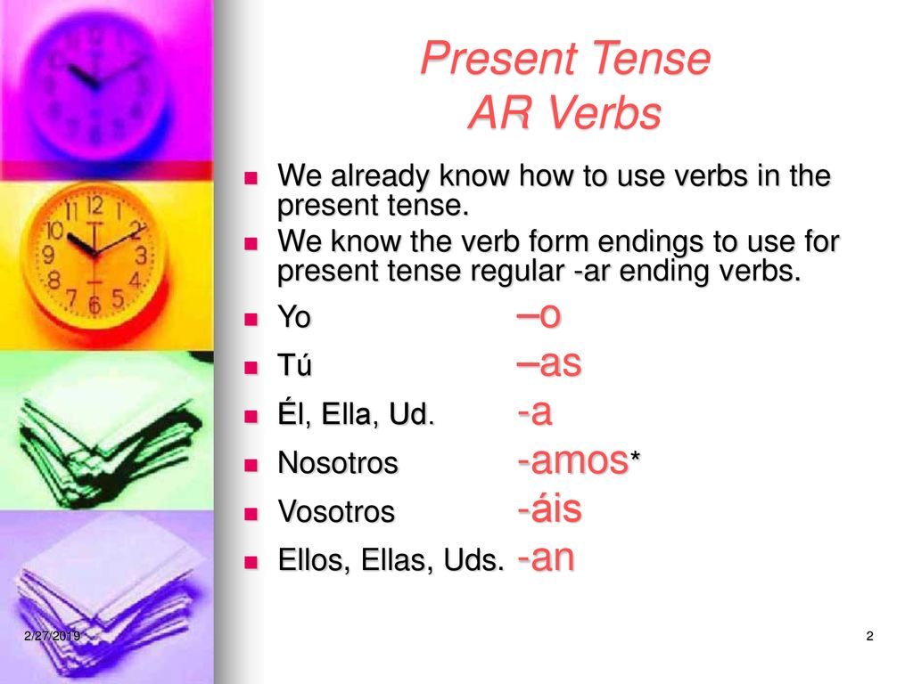Present Tense AR Verbs We already know how to use verbs in the present tense.