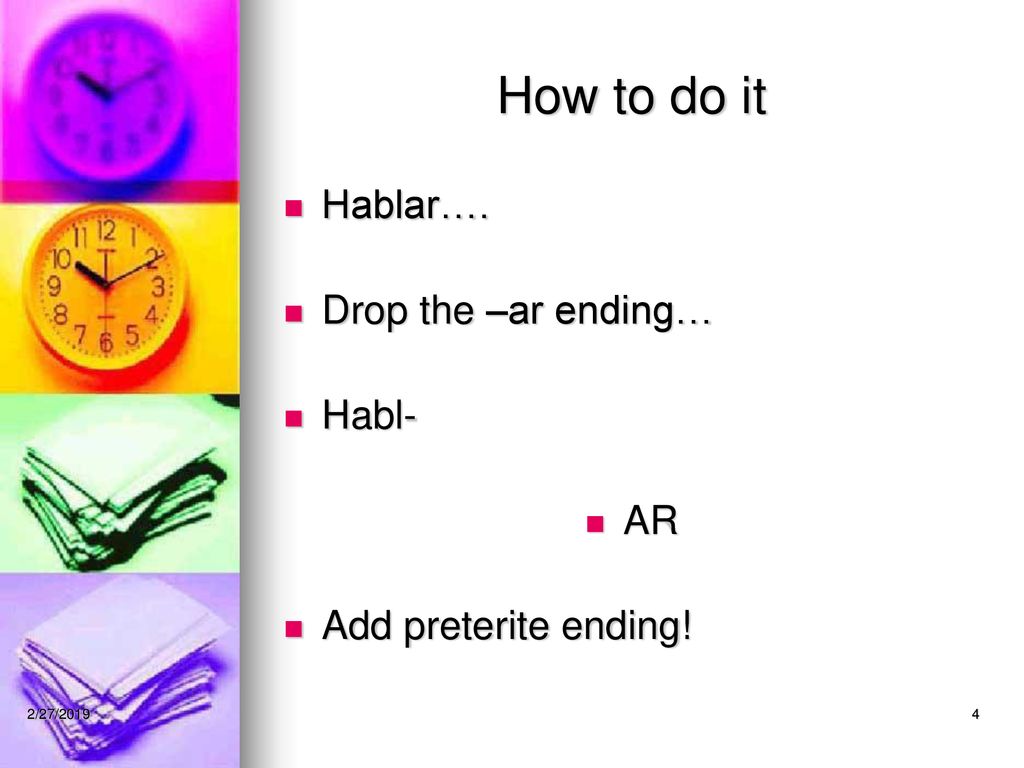 How to do it Hablar…. Drop the –ar ending… Habl- AR