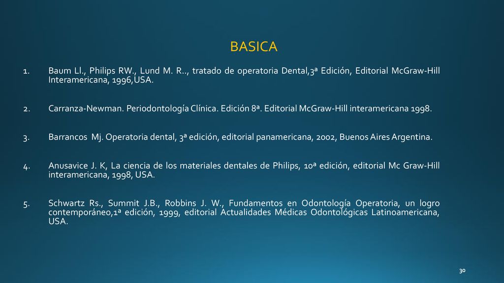 BASICA Baum Ll., Philips RW., Lund M. R.., tratado de operatoria Dental,3ª Edición, Editorial McGraw-Hill Interamericana, 1996,USA.