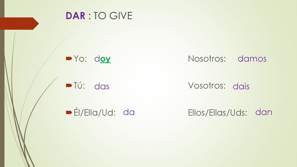 DAR : TO GIVE Yo: Nosotros: Tú: Vosotros: Él/Ella/Ud: Ellos/Ellas/Uds: