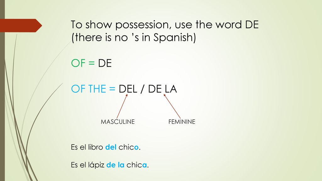 To show possession, use the word DE (there is no ’s in Spanish) OF = DE OF THE = DEL / DE LA Es el libro del chico. Es el lápiz de la chica.