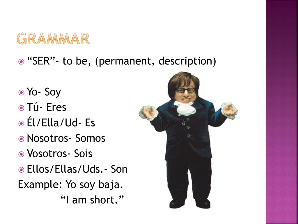 Grammar SER - to be, (permanent, description) Yo- Soy Tú- Eres