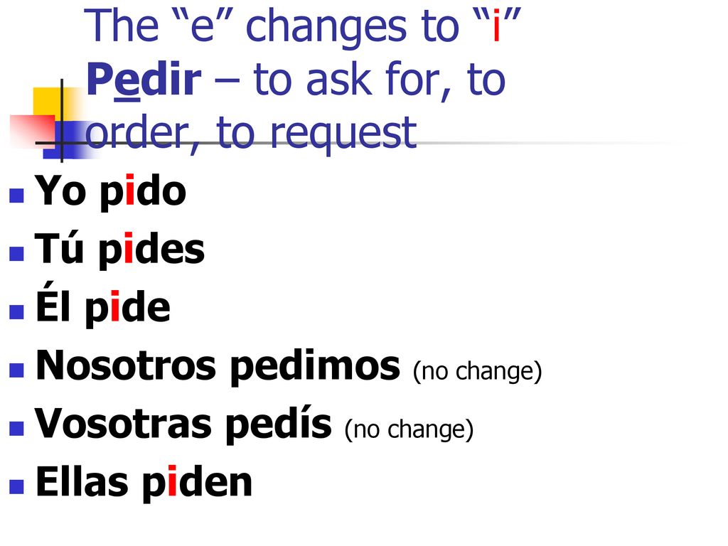 The e changes to i Pedir – to ask for, to order, to request
