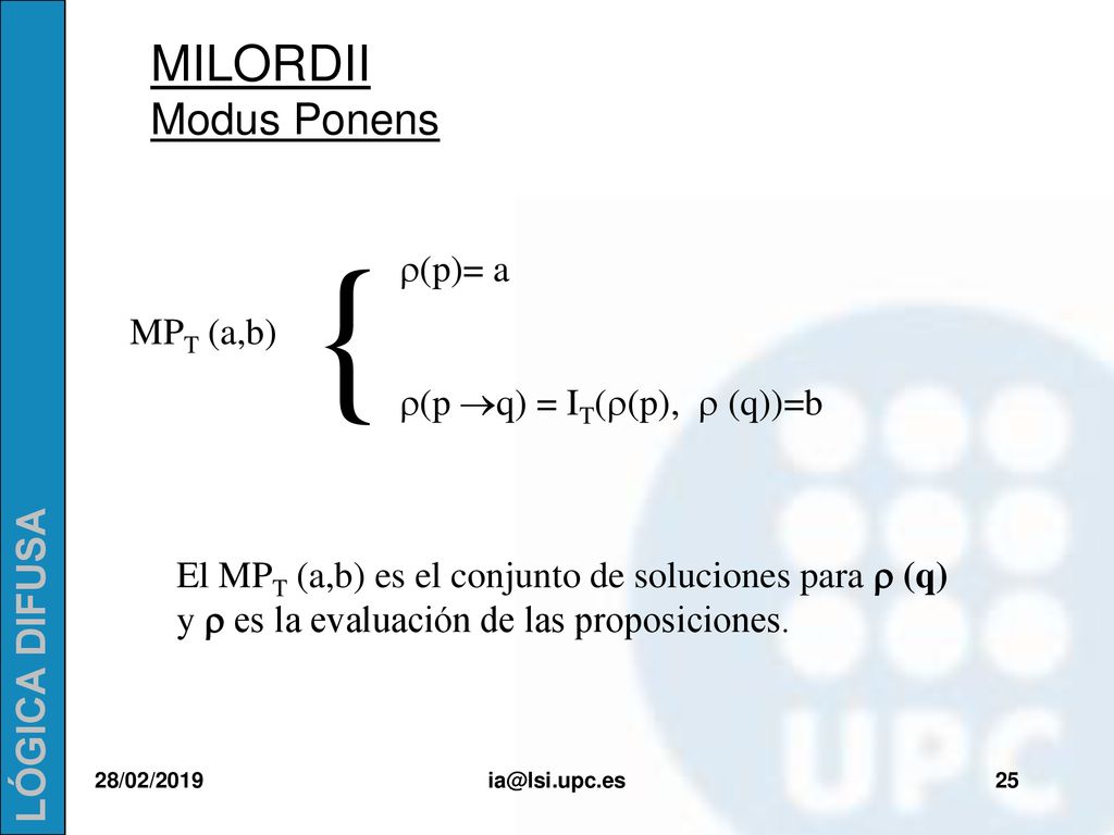 { MILORDII Modus Ponens r(p)= a MPT (a,b) r(p ®q) = IT(r(p), r (q))=b