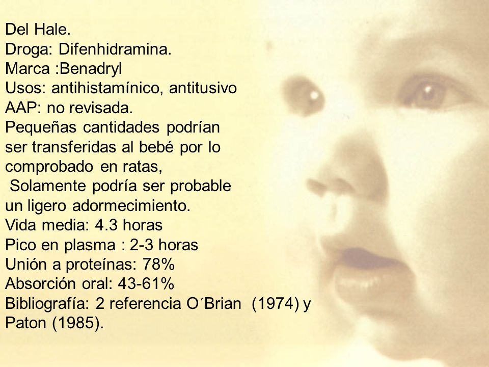 Del Hale. Droga: Difenhidramina. Marca :Benadryl. Usos: antihistamínico, antitusivo. AAP: no revisada.