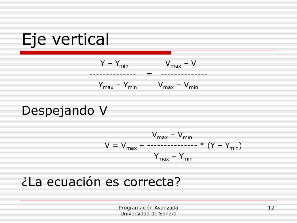 Eje vertical Despejando V ¿La ecuación es correcta Y – Ymin Vmax – V