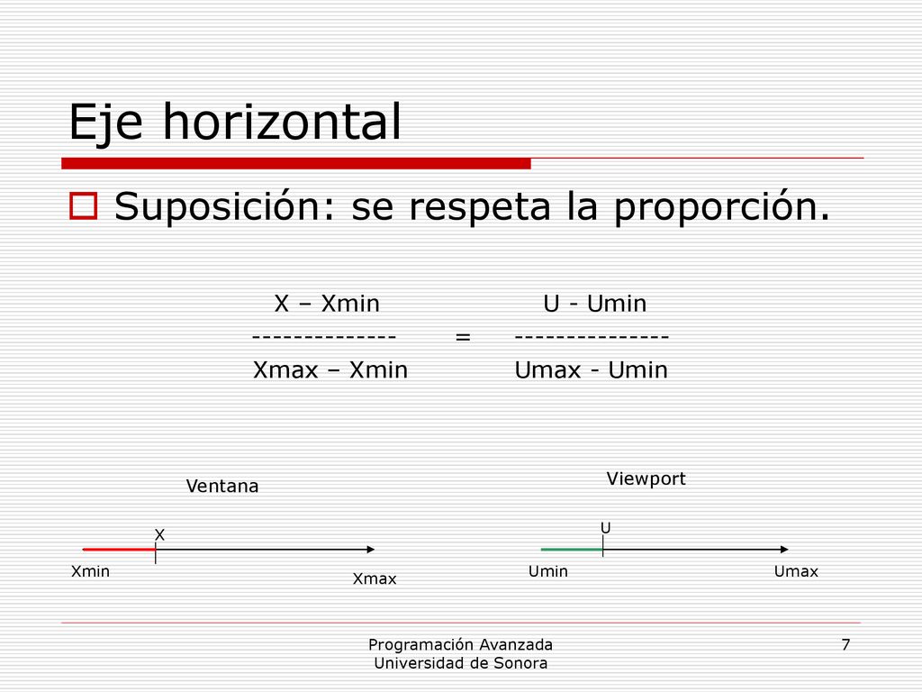 Eje horizontal Suposición: se respeta la proporción. X – Xmin U - Umin