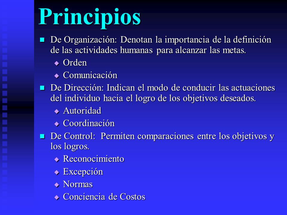 Principios De Organización: Denotan la importancia de la definición de las actividades humanas para alcanzar las metas.