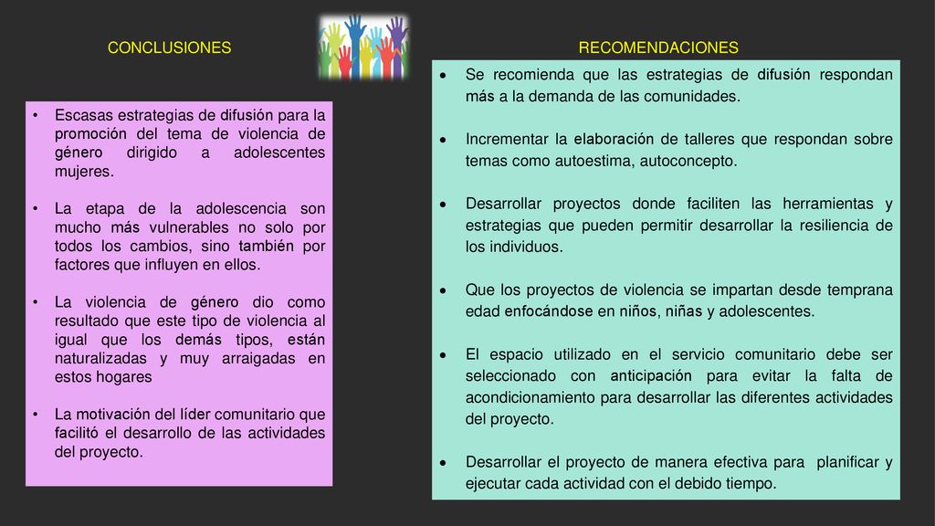 CONCLUSIONES RECOMENDACIONES. Se recomienda que las estrategias de difusión respondan más a la demanda de las comunidades.