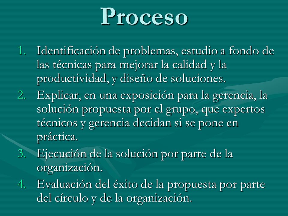 Proceso Identificación de problemas, estudio a fondo de las técnicas para mejorar la calidad y la productividad, y diseño de soluciones.