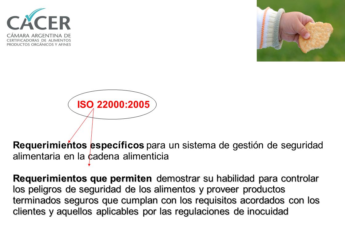 ISO 22000:2005 Requerimientos específicos para un sistema de gestión de seguridad alimentaria en la cadena alimenticia.