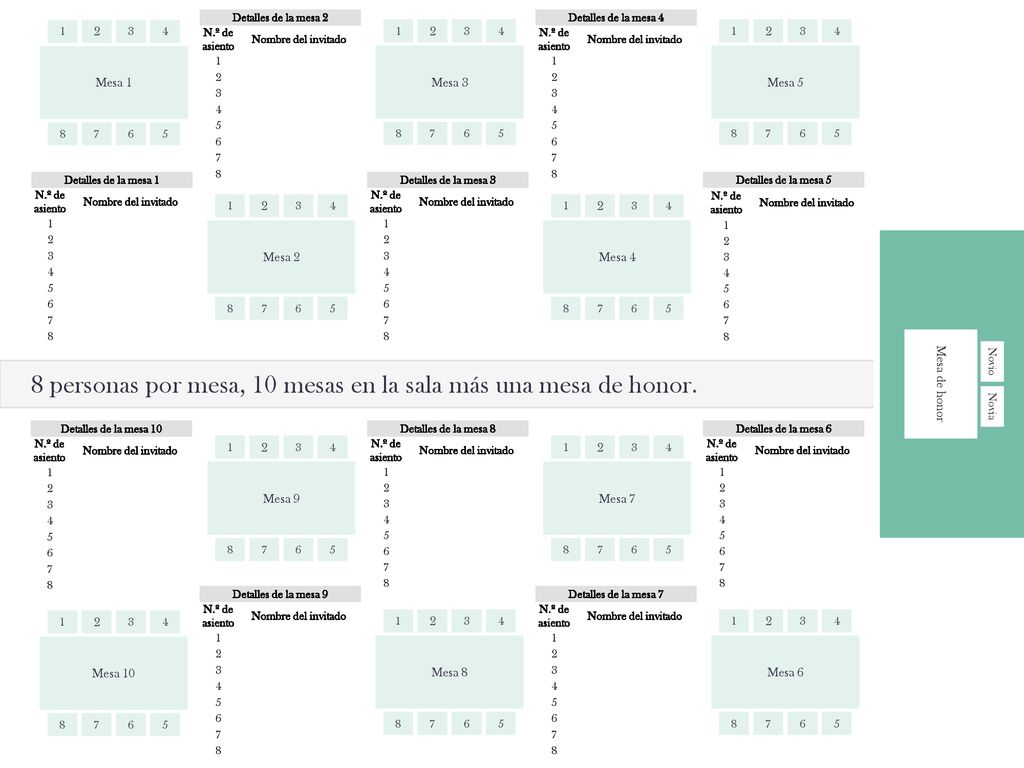 8 personas por mesa, 10 mesas en la sala más una mesa de honor.
